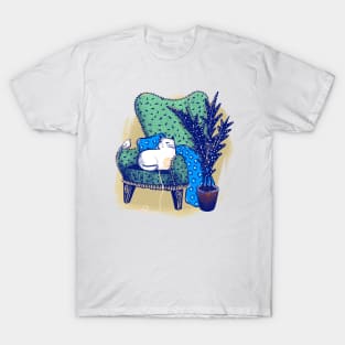 Armchair with cute white cat and white bird T-Shirt